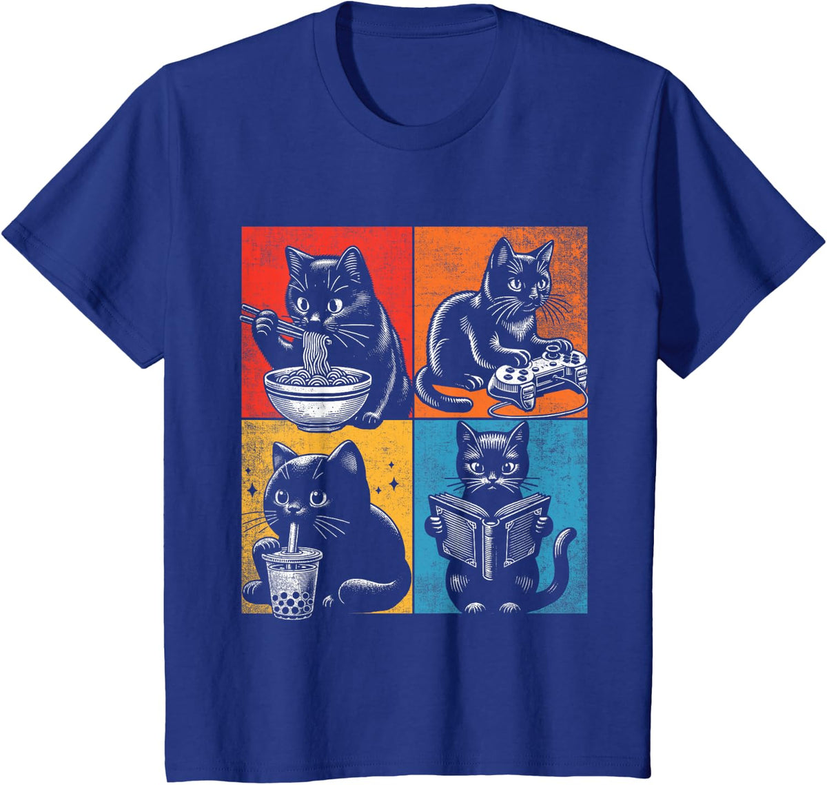 Funny Cat Ramen Boba Gaming And Reading Books Lover. Anime T-Shirt - Royal Blue