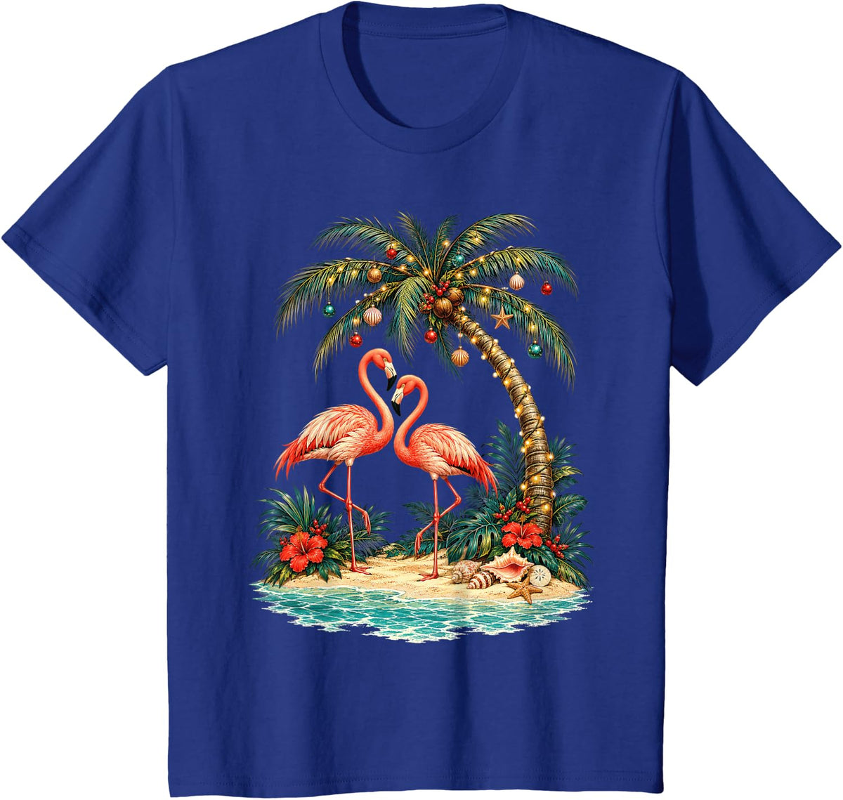 Flamingo Christmas Tropical Paradise Scene T-Shirt - Royal Blue