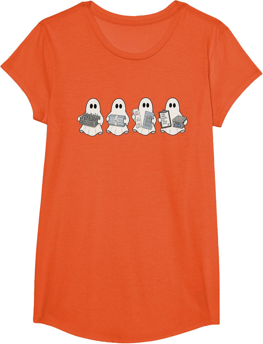 Retro Sterile Processing Technician Halloween SPD Ghost Tech T-Shirt - Girls Orange