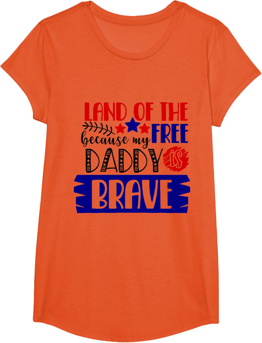 Land of The Free Because My Daddy Is Brave - 4th of July T-Shirt - Girls Orange