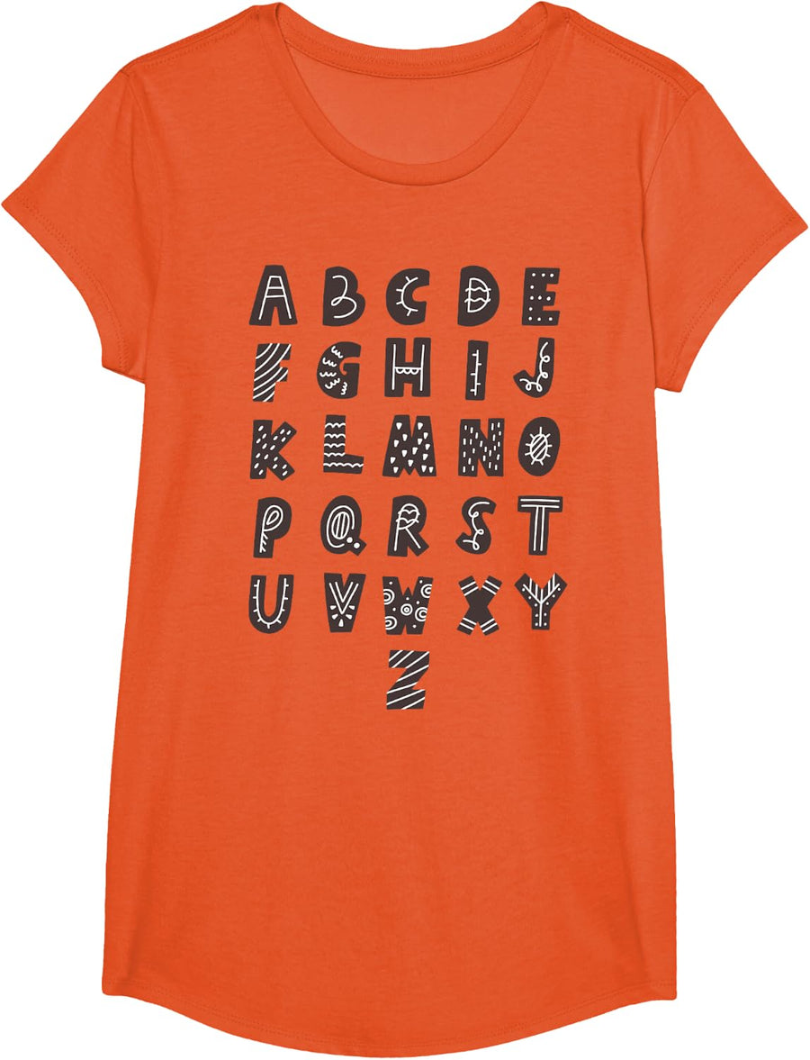 Alphabet ABC Letters Learning Kindergarten Pre K School Cute T-Shirt - Girls Orange