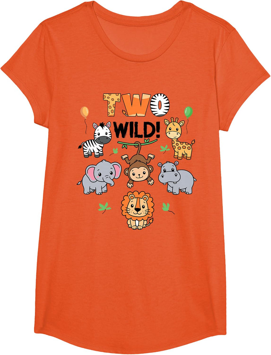 2nd Birthday Boy Girl Two Wild Jungle Zoo Animals Birthday T-Shirt - Girls Orange