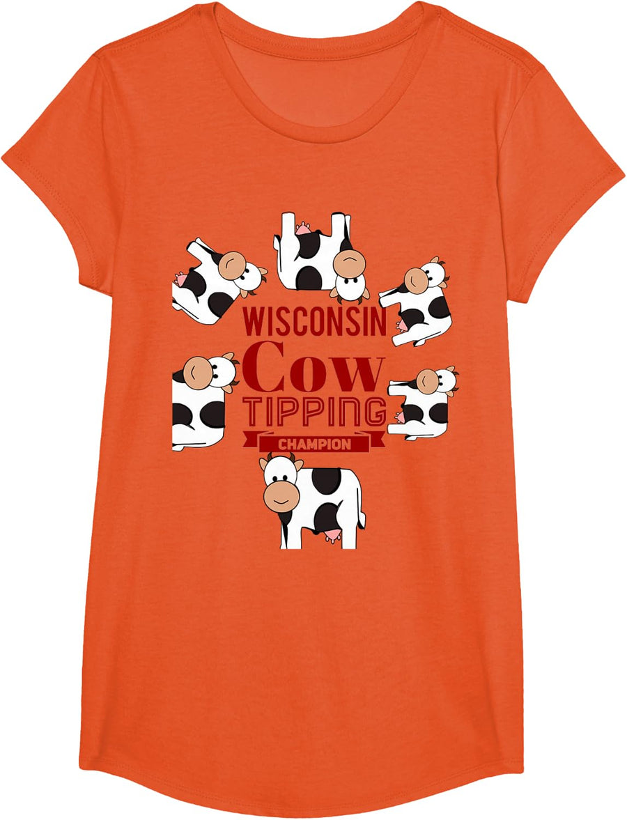 Wisconsin Cow Tipping Champion T Shirt T-Shirt - Girls Orange