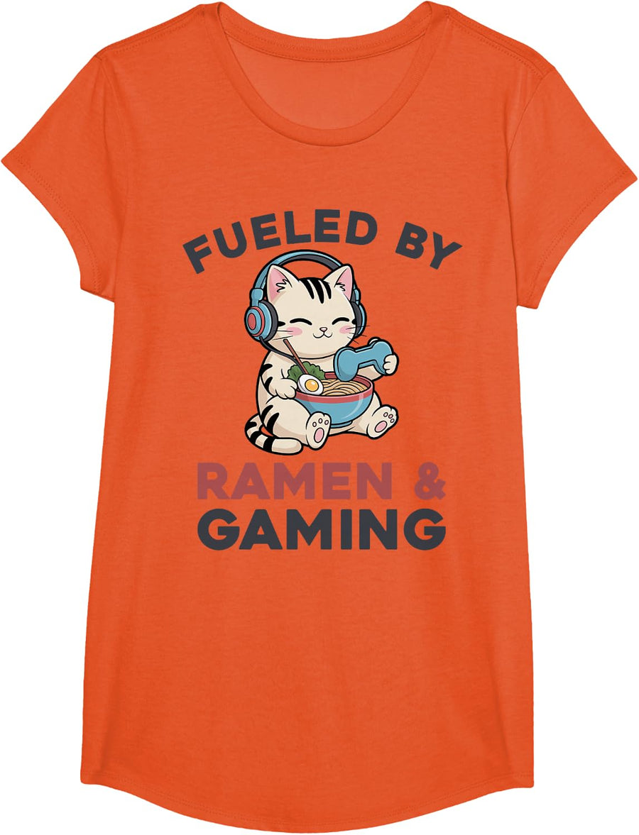 Gaming Fueled By Gaming and Ramen Funny Gamer Kawaii Cat T-Shirt - Girls Orange