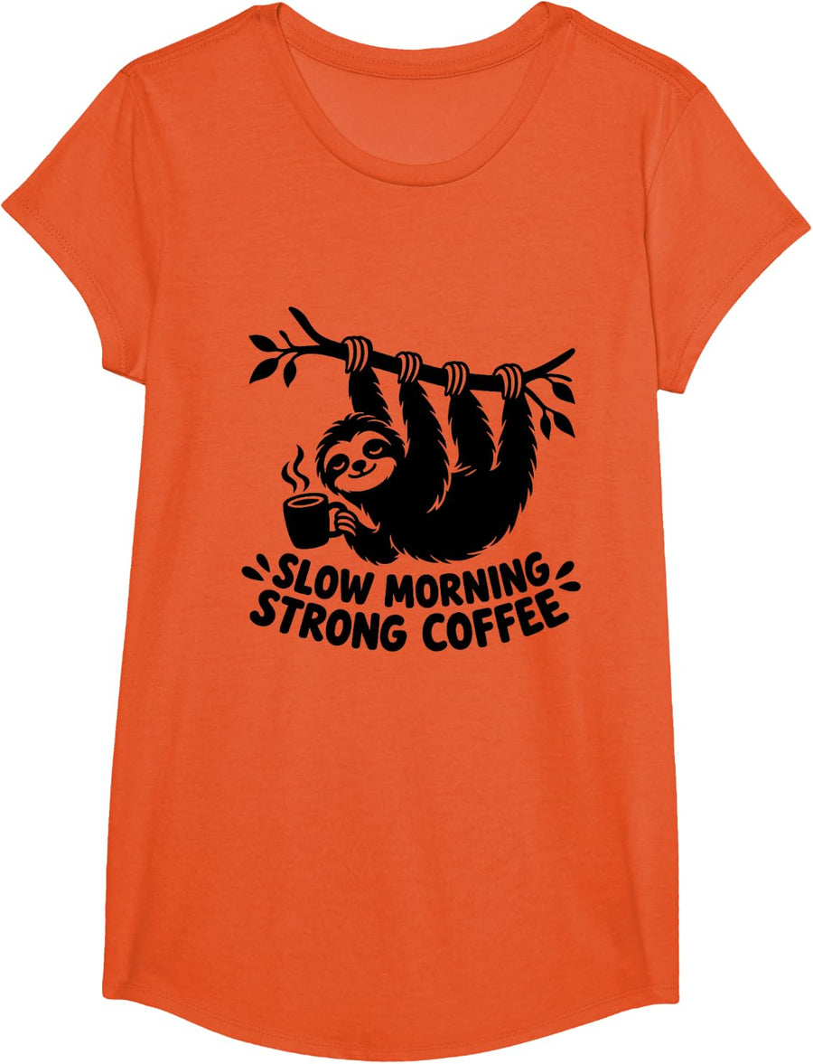 Sloth Coffee Lover Slow Morning Strong Caffeine Funny Humor T-Shirt - Girls Orange