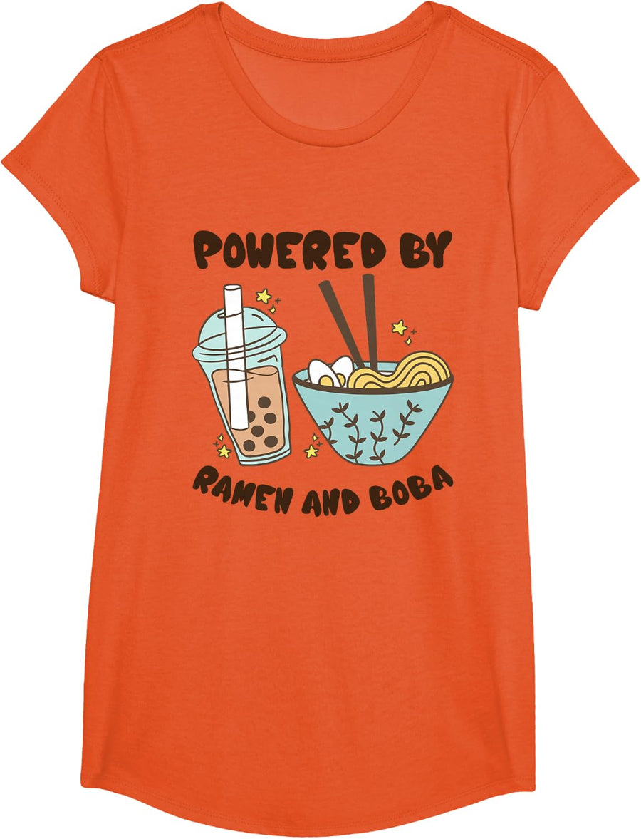 Powered By Ramen And Boba Tea Japanese Food Anime T-Shirt Tee - Girls Orange