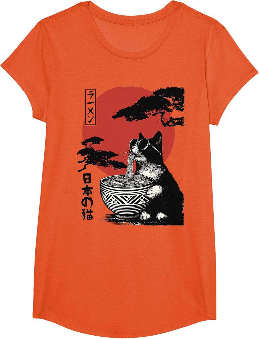 Anime Cat Eating Ramen Japanese Aesthetic Kawaii Anime Cat T-Shirt - Girls Orange