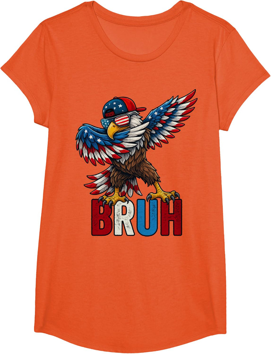 Bruh 4th Of July Boys Kids Fourth Of July Bald Eagle Dabbing T-Shirt - Girls Orange