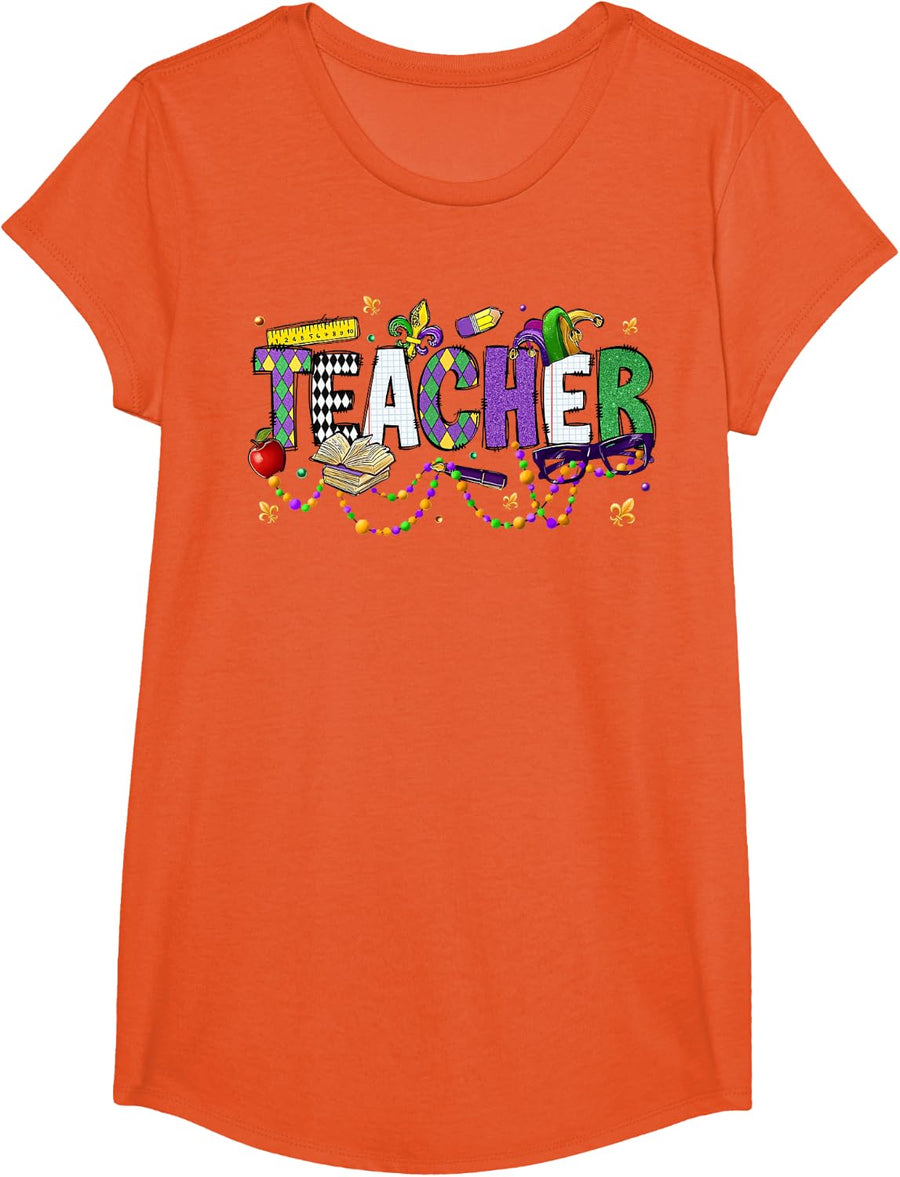 Teacher Mardi Gras Carnival New Orleans Bead Girl Women Men T-Shirt - Girls Orange