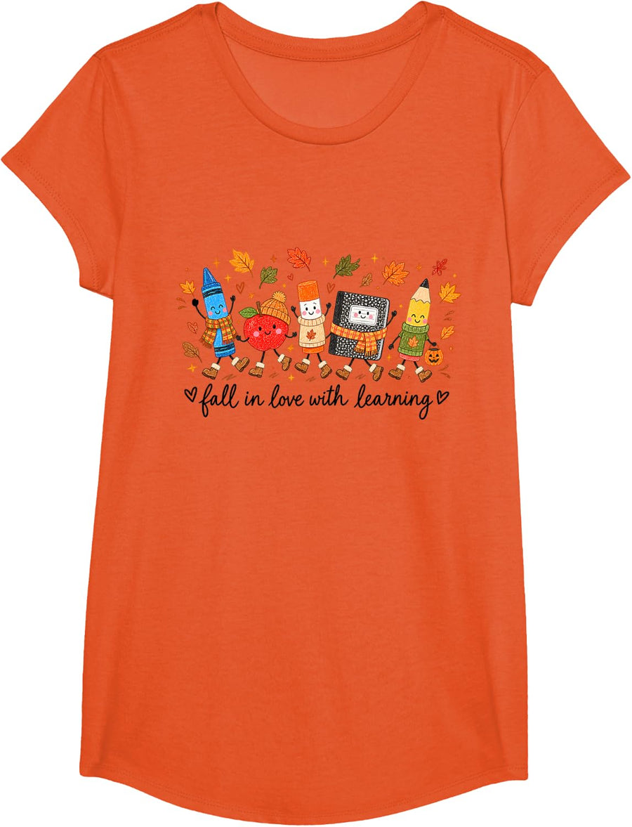 Fall in Love with Learning School Supplies Autumn Teachers T-Shirt - Girls Orange