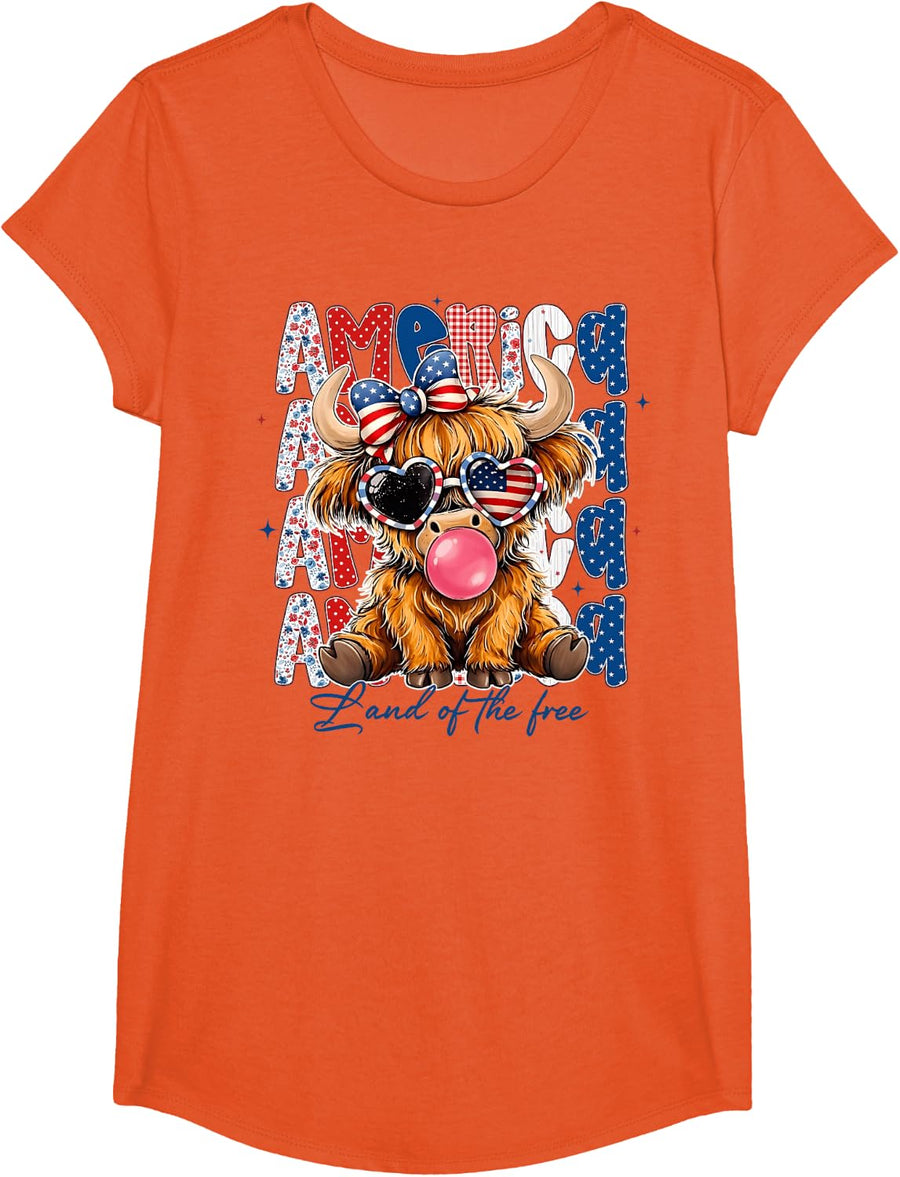 4th of July Highland Cow USA Flag Sunglasses Girl Women T-Shirt - Girls Orange