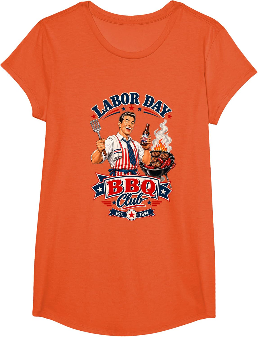 Labor Day BBQ Club Retro Grill Master Cookout T-Shirt - Girls Orange