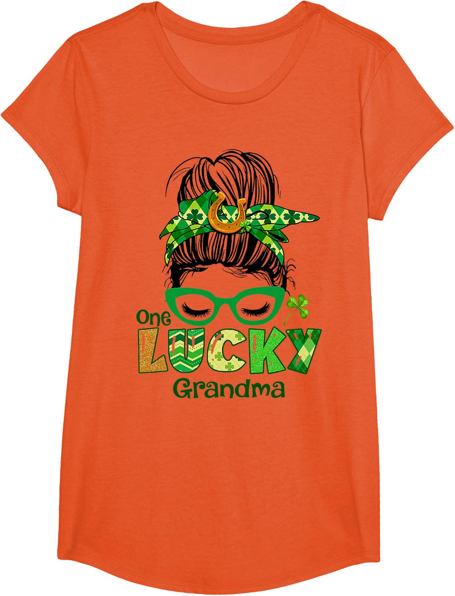 One Lucky Grandma Messy Bun Leopard St Patricks Day Shamrock T-Shirt - Girls Orange