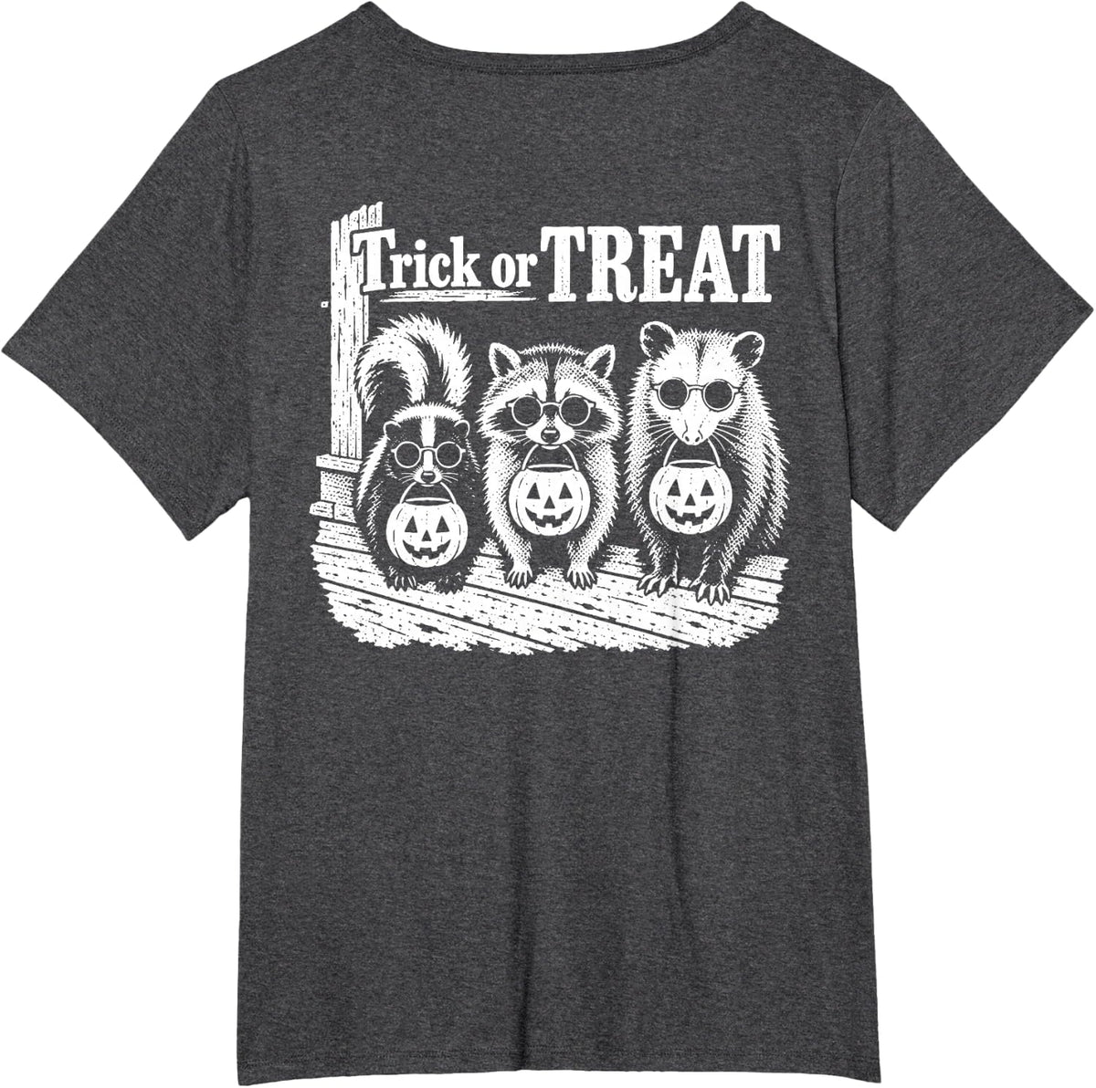 On Back Raccoon Opossum Skunk Halloween Trick or Treat Feral T-Shirt - Dark Heather Grey