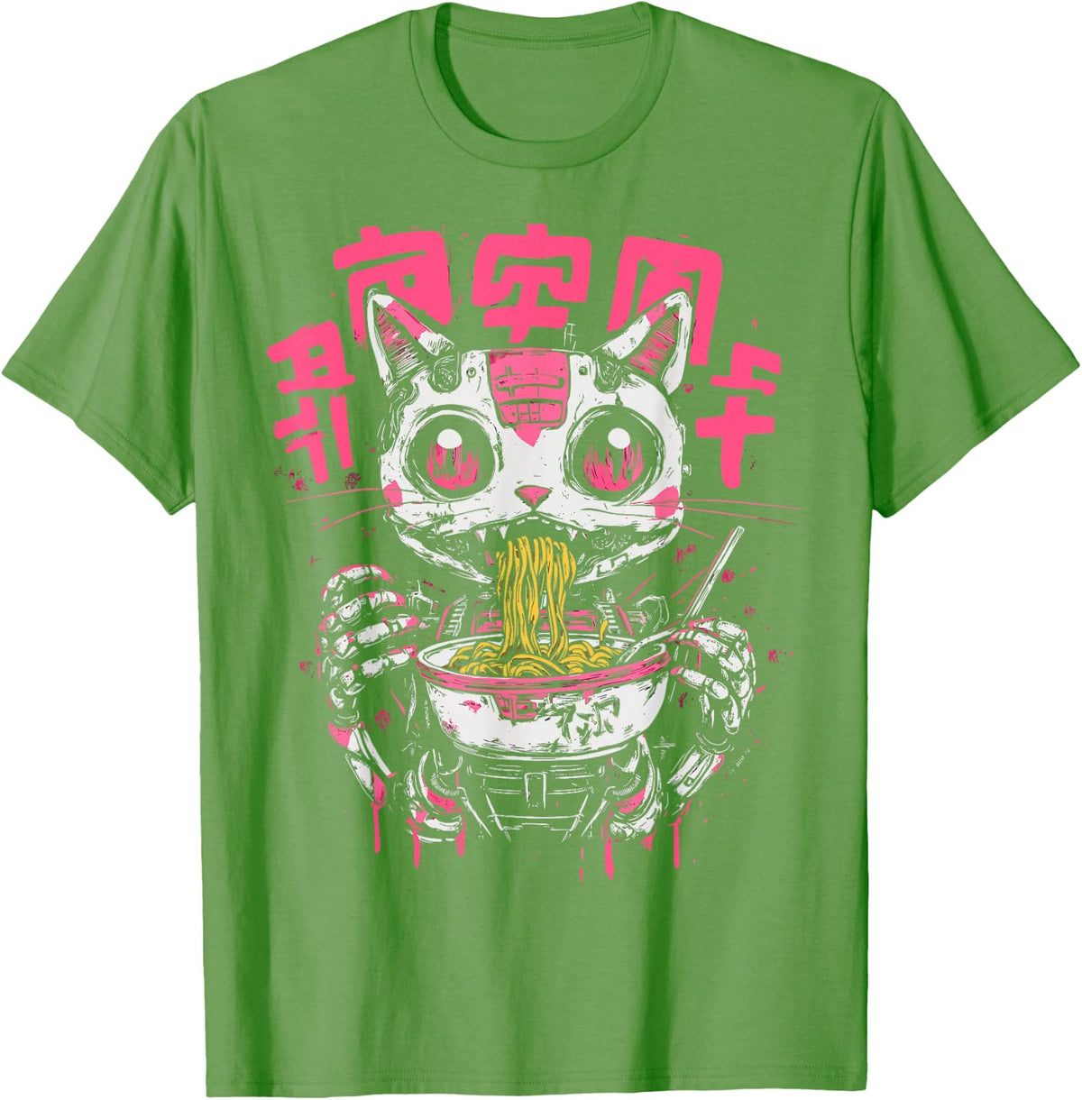 Cat Ramen Skeleton Japanese Creepy Anime Cat Halloween Tees T-Shirt for Men Women - Grass Green