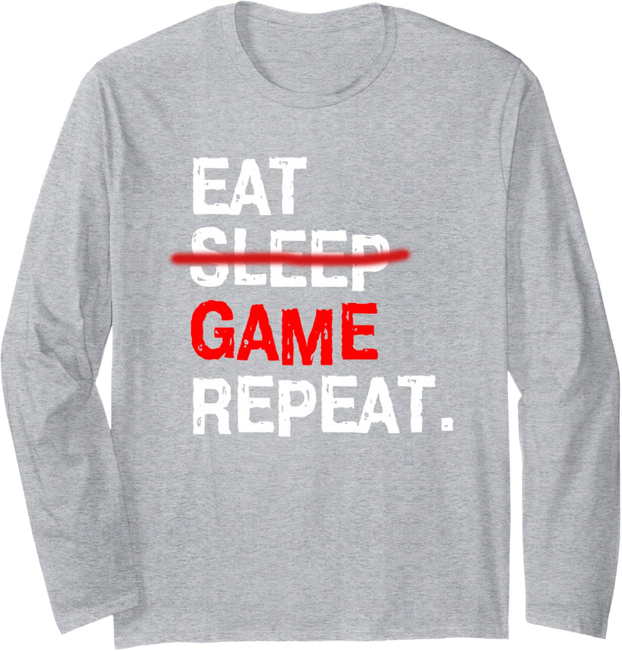 Eat Sleep Game Repeat T-Shirt Long Sleeve Board Video Gamer - Adult Unisex Heather Grey