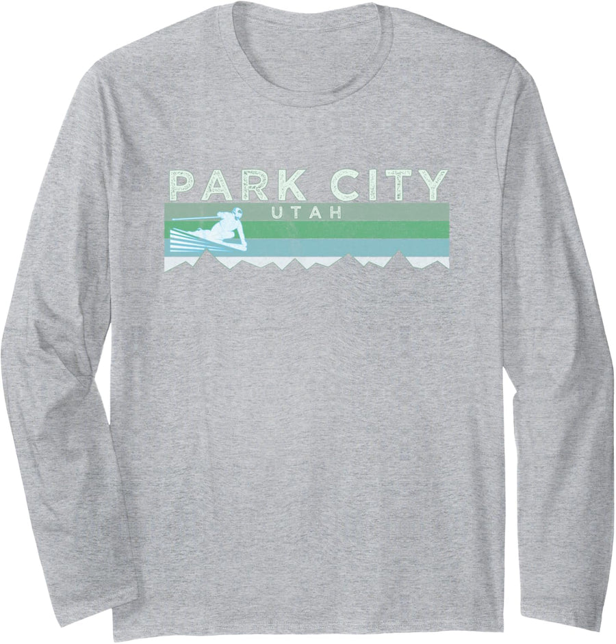 Retro Park City, Utah Distressed Skiing Long Sleeve T-Shirt - Adult Unisex Heather Grey