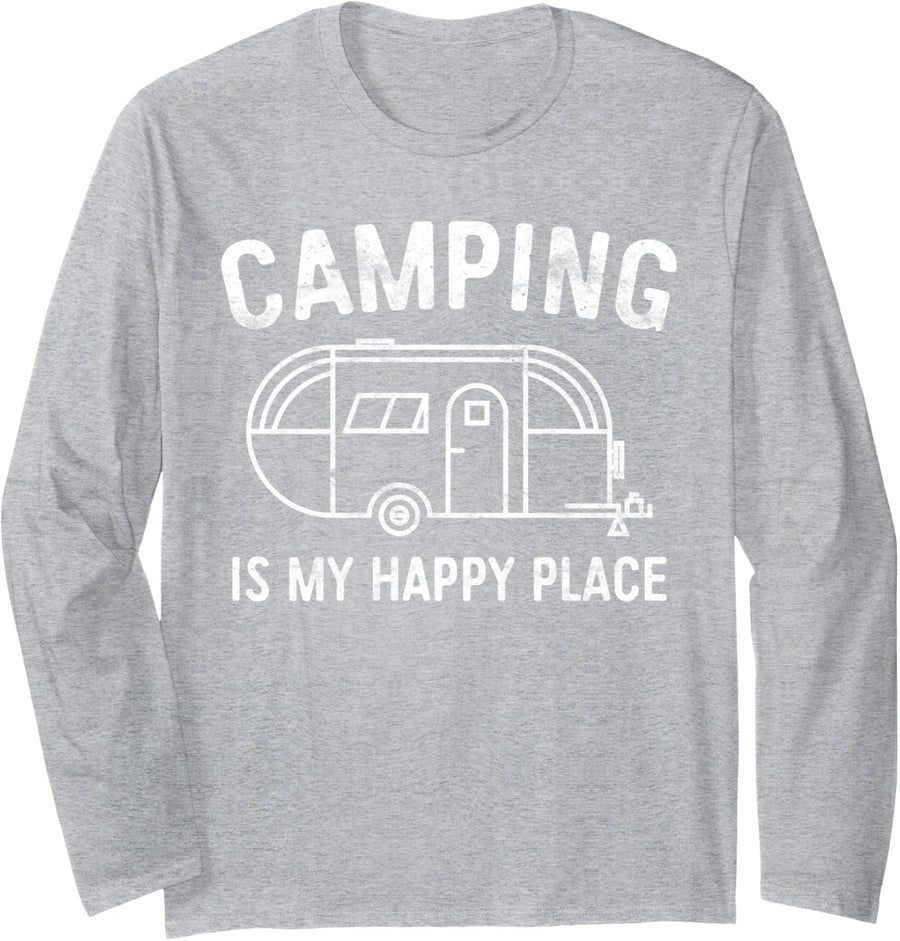 Camping Is My Happy Place T-Shirt Happy Camper Shirt Long Sleeve T-Shirt - Adult Unisex Heather Grey