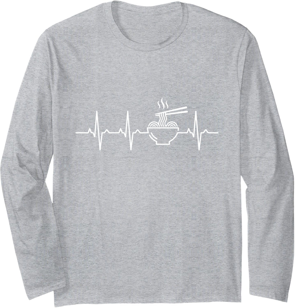 Ramen Heartbeat EKG Japanese Noodle Lover Line Art Long Sleeve T-Shirt - Adult Unisex Heather Grey