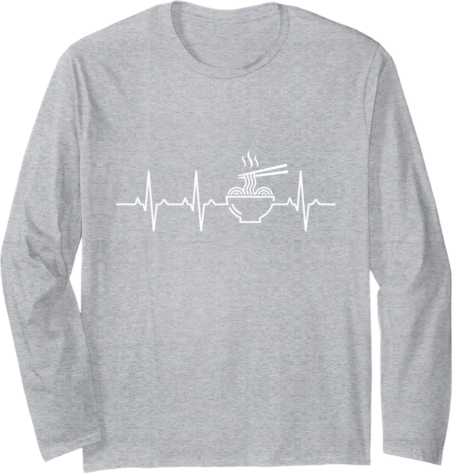 Ramen Heartbeat EKG Japanese Noodle Lover Line Art Long Sleeve T-Shirt - Adult Unisex Heather Grey