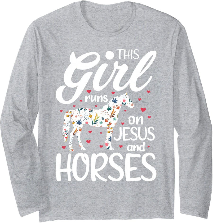 This Girl Runs on Jesus and Horses Riding Horse Lover Long Sleeve T-Shirt - Adult Unisex Heather Grey