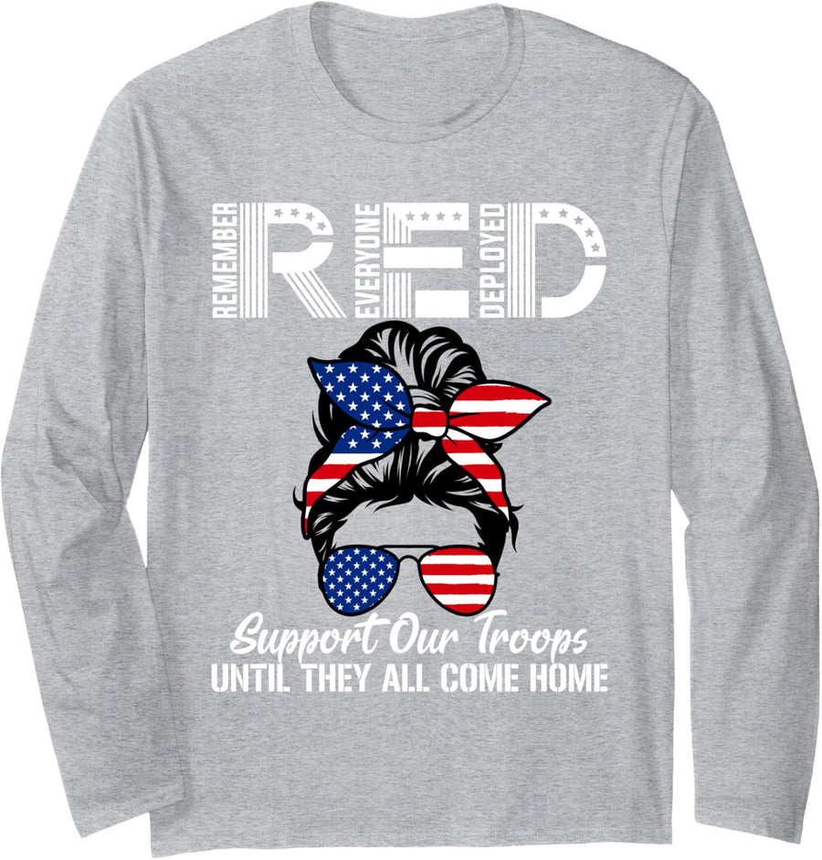 Messy Bun Remember Everyone Veteran Deployed RED Friday Long Sleeve T-Shirt - Adult Unisex Heather Grey