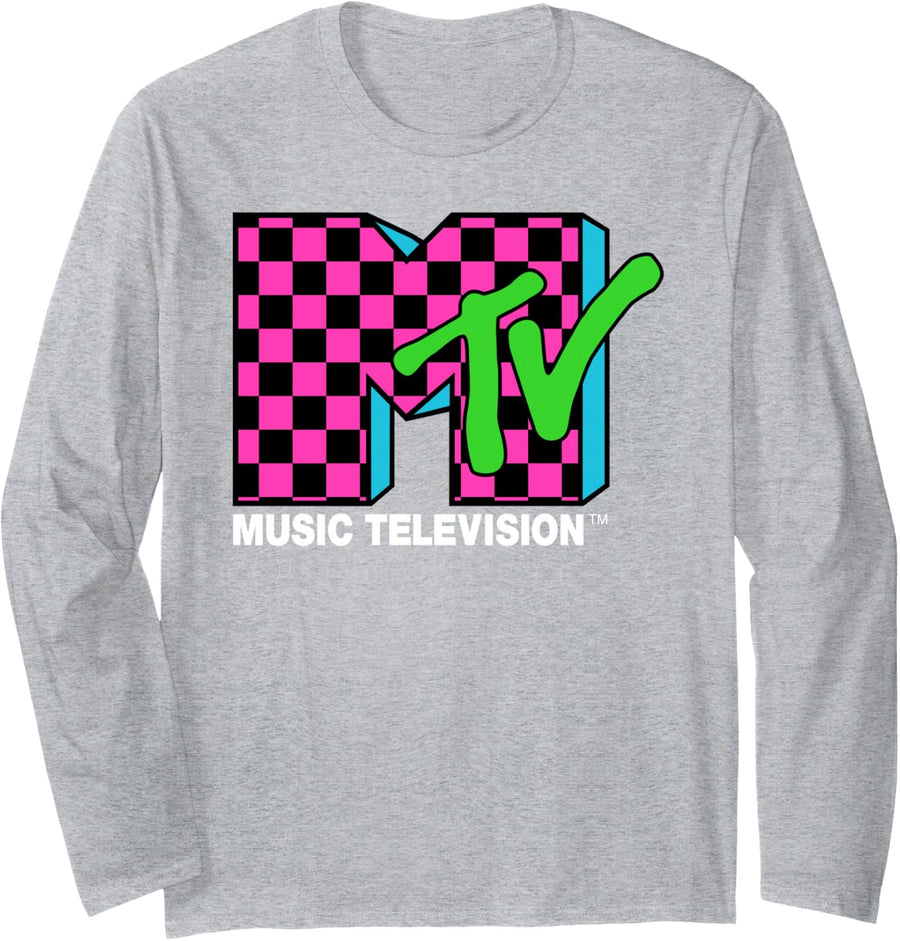 Classic MTV Logo Pink and Blue Checker Design Long Sleeve T-Shirt - Adult Unisex Heather Grey