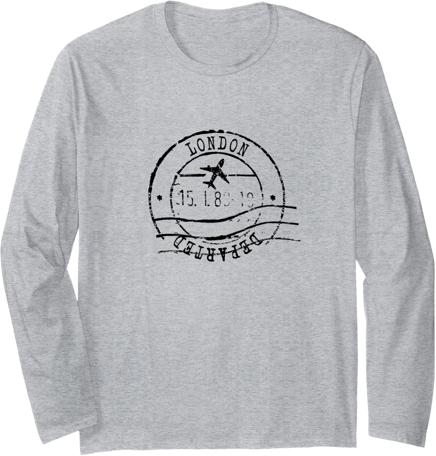 London UK Great Britain Travel Vintage Passport Stamp Long Sleeve T-Shirt - Adult Unisex Heather Grey