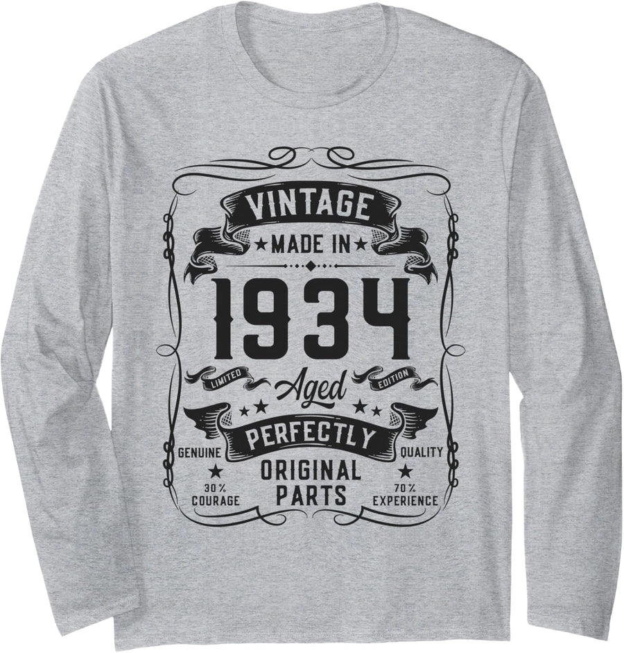 Vintage 1934 92yr 92nd Birthday Gifts for Men 92 Years Old Long Sleeve T-Shirt - Adult Unisex Heather Grey