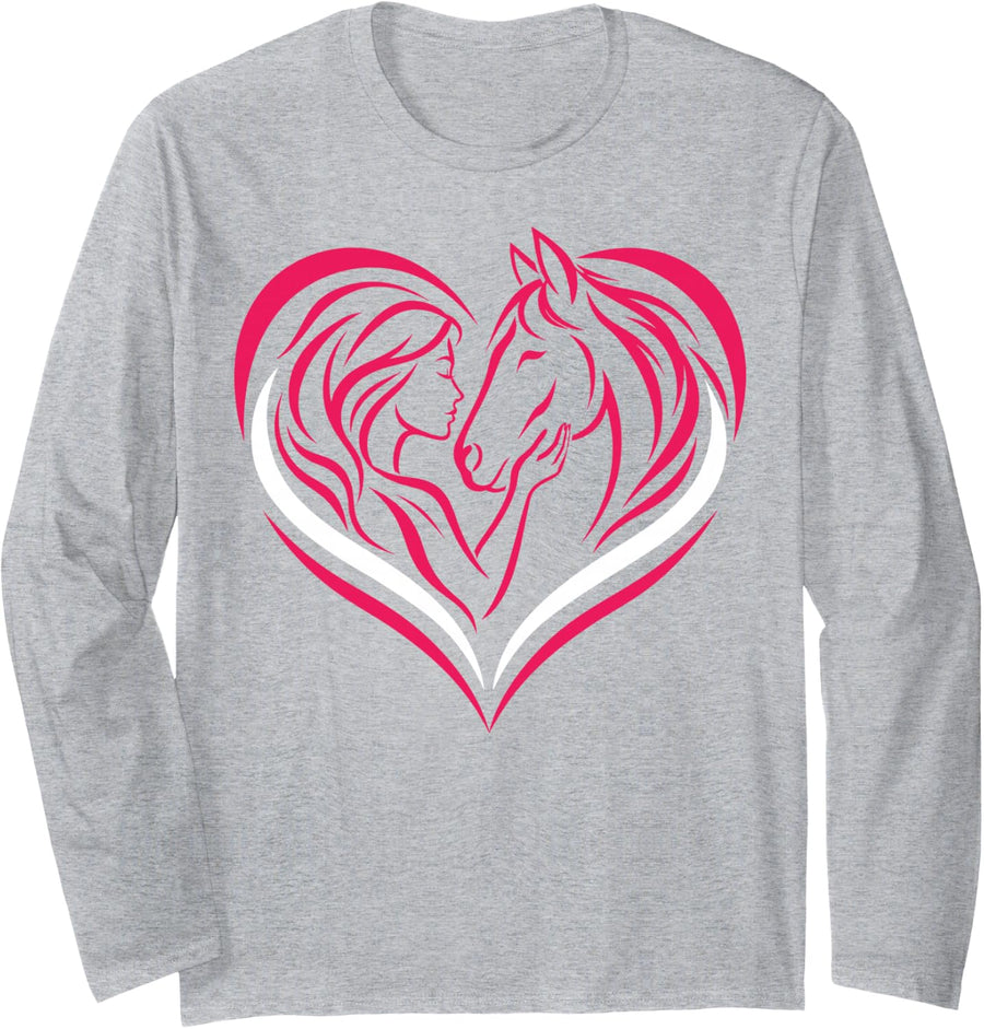 Woman Horse Heart Equestrian Rider Long Sleeve T-Shirt - Adult Unisex Heather Grey