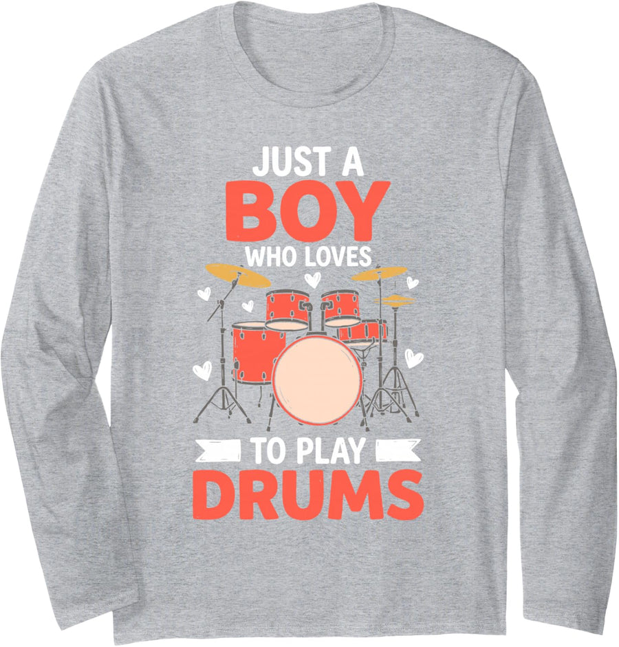 Just a Boy Who Loves to Play Drums Drummer Musician Music Long Sleeve T-Shirt - Adult Unisex Heather Grey