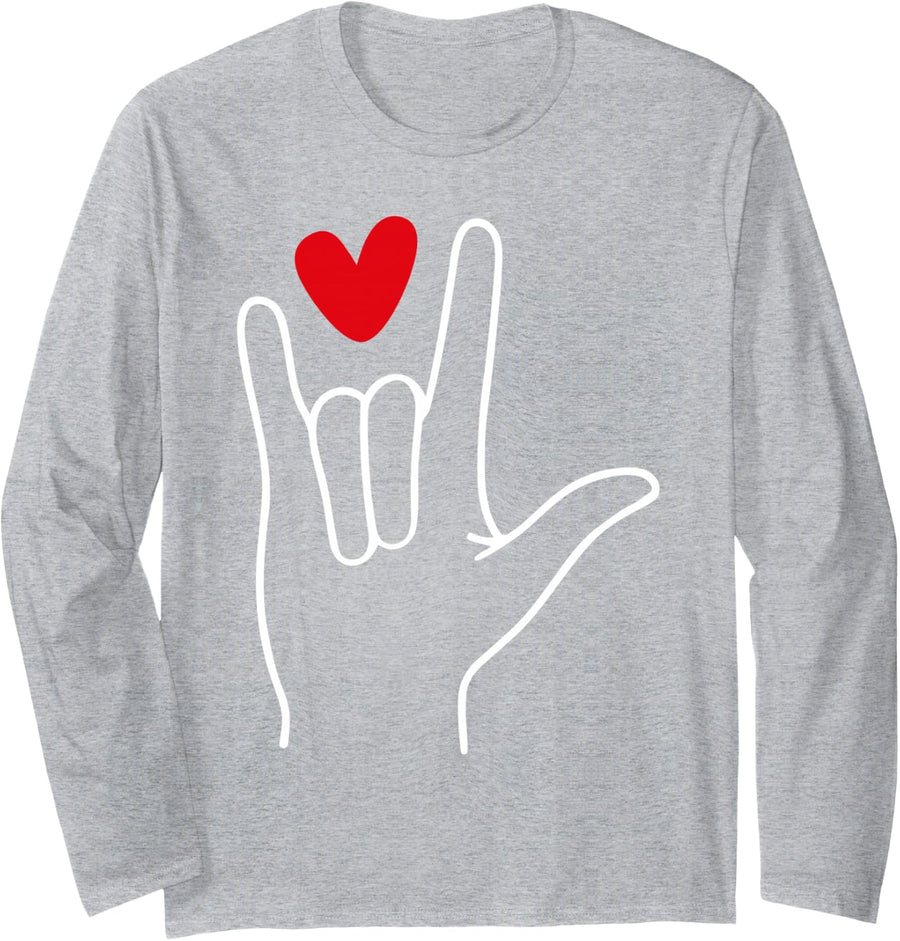 I Love You Sign Language Cute Happy Valentine’s Day Long Sleeve T-Shirt - Adult Unisex Heather Grey