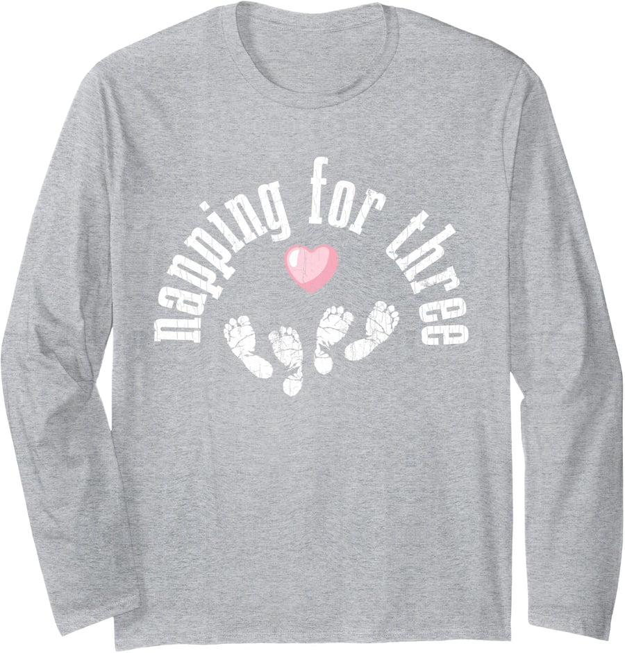Napping For Three Funny Twins Pregnancy Graphic Long Sleeve T-Shirt - Adult Unisex Heather Grey