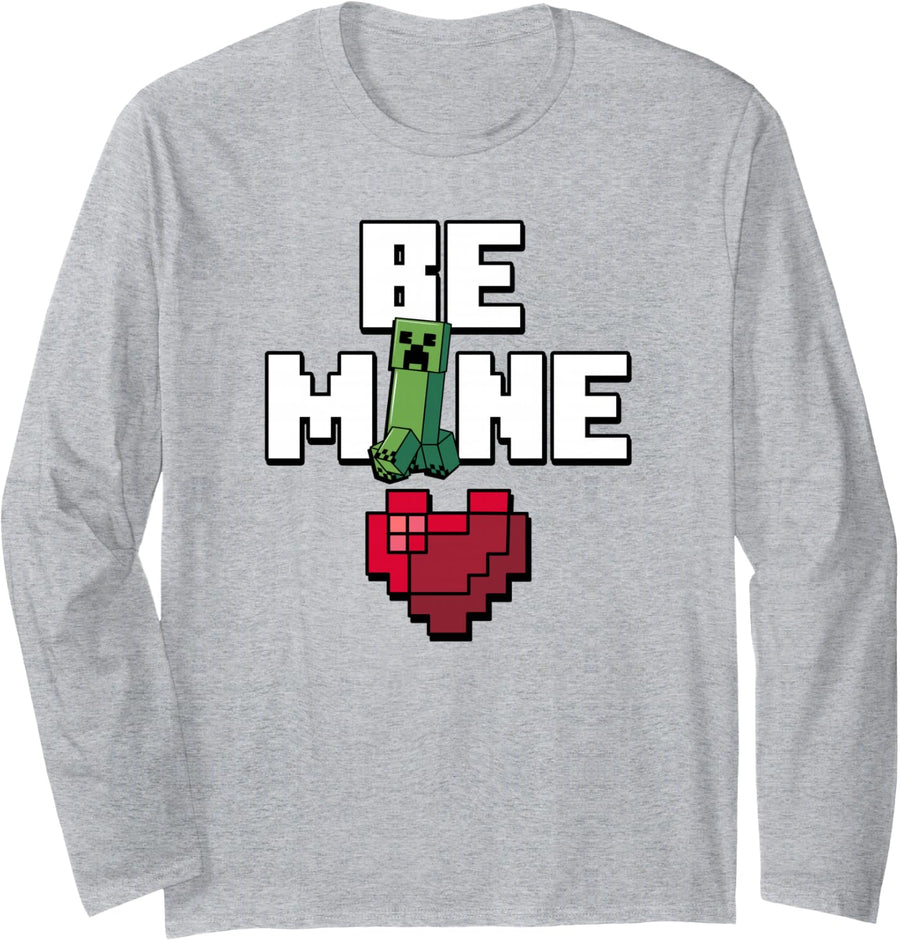 Minecraft Valentine's Day Creeper Be Mine Heart Long Sleeve T-Shirt - Adult Unisex Heather Grey