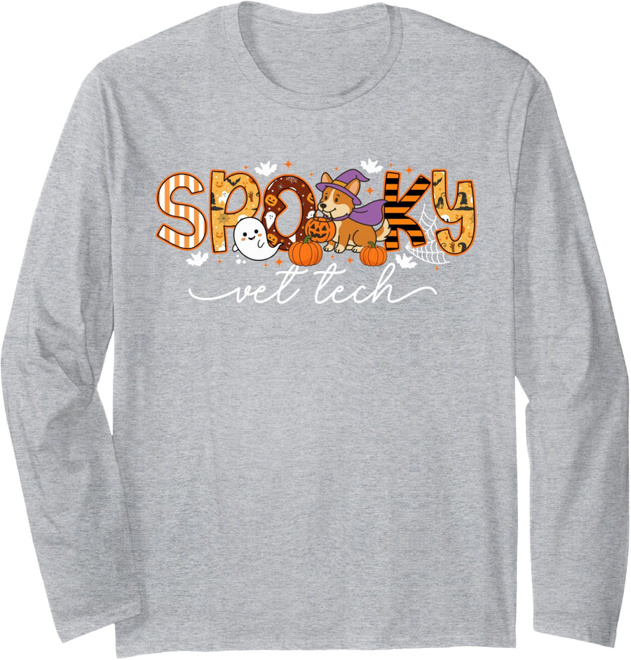 Spooky Vet Tech Halloween Veterinary Technician Long Sleeve T-Shirt - Adult Unisex Heather Grey