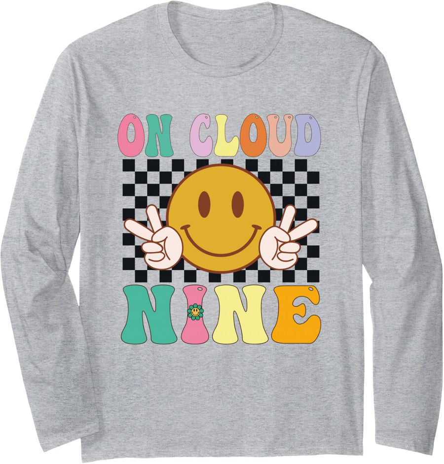 Groovy On Cloud Nine Flower Happy 9th Birthday 9 Years Old f Long Sleeve T-Shirt - Adult Unisex Heather Grey