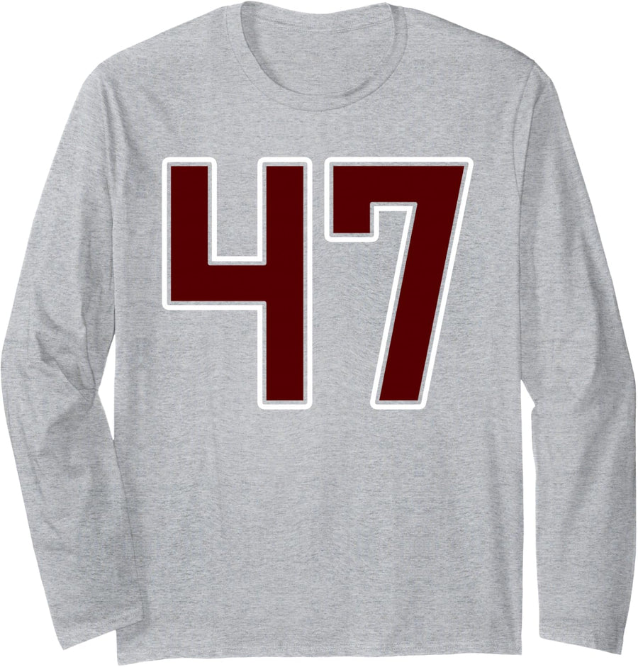 Maroon and White Number 47 Jersey Player Uniform #47 Fan Long Sleeve T-Shirt - Adult Unisex Heather Grey