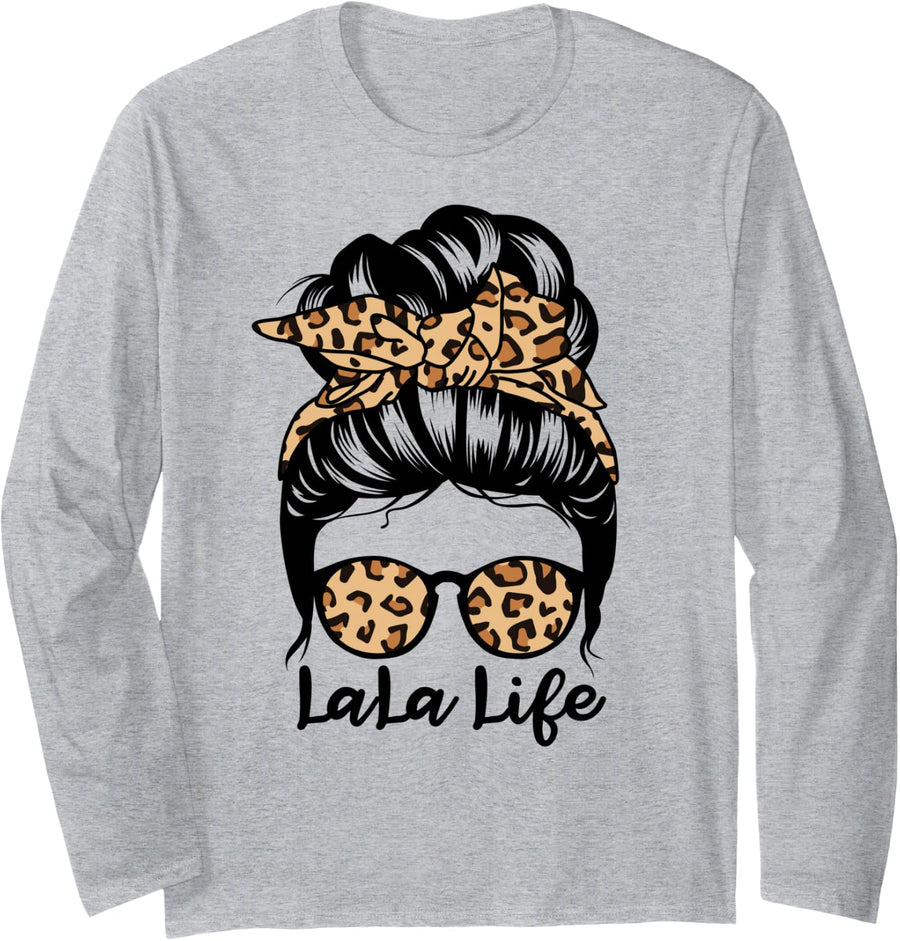 LaLa Life Messy Bun Hair Funny Grandma Long Sleeve T-Shirt - Adult Unisex Heather Grey
