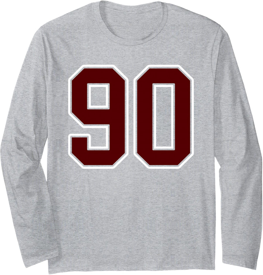 Maroon and White Number 90 Jersey Player Uniform #90 Fan Long Sleeve T-Shirt - Adult Unisex Heather Grey