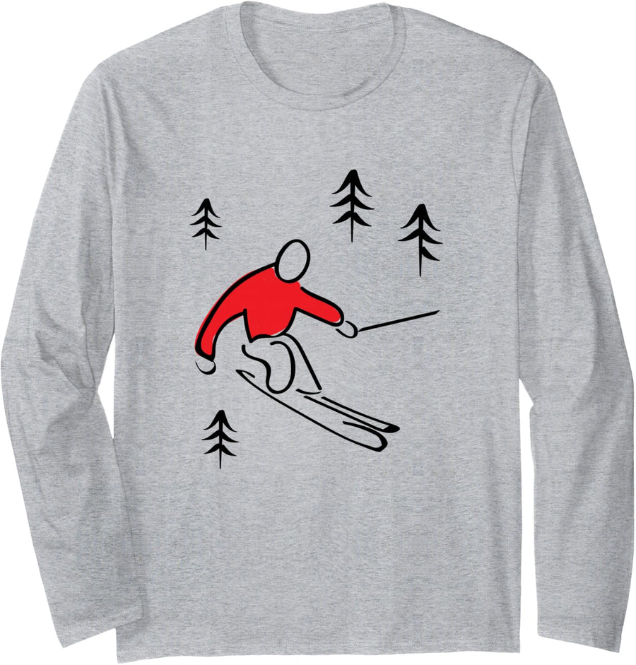 Illustrated Skier Design, Snow Skiing Long Sleeve T-Shirt - Adult Unisex Heather Grey