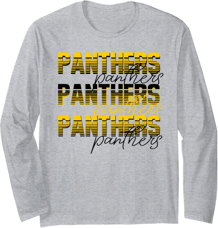 Panthers School Spirit Yellow Gold Panthers Game Day Mascot Long Sleeve T-Shirt - Adult Unisex Heather Grey