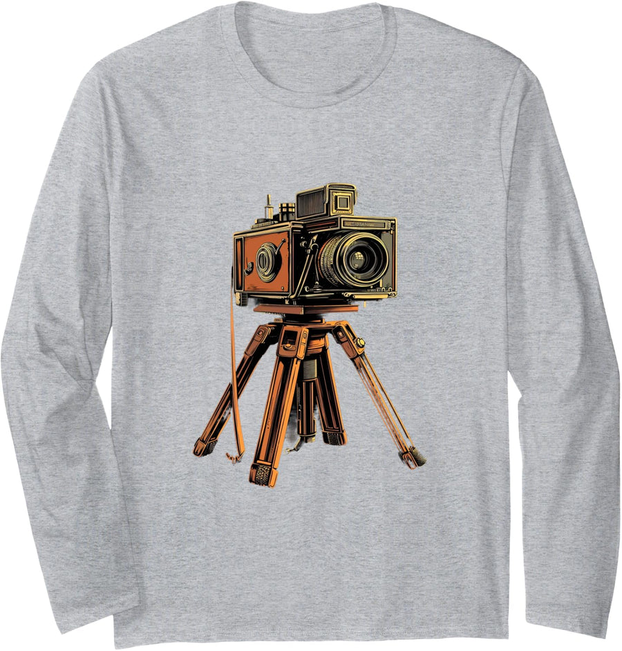Photography Camera on Tripod Photographer Vintage Long Sleeve T-Shirt - Adult Unisex Heather Grey