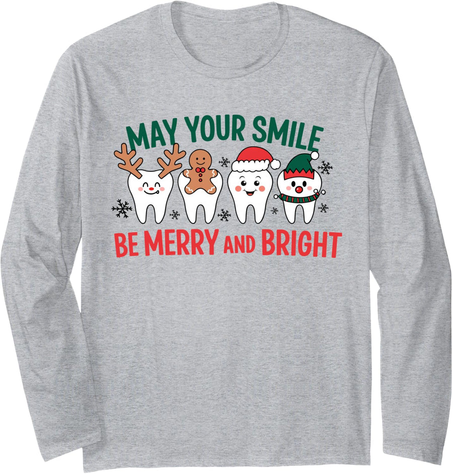 Funny Dentist Christmas All Teeth White Xmas Dental Women Long Sleeve T-Shirt - Adult Unisex Heather Grey