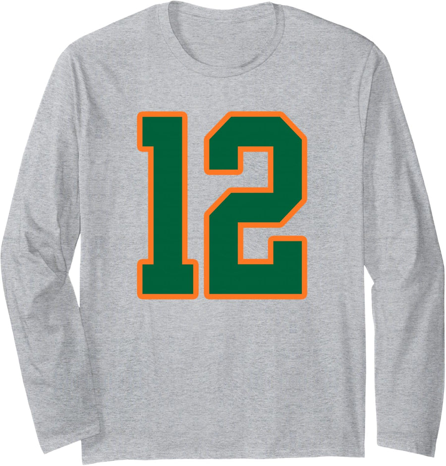 Green and Orange Number 12 Jersey Player Uniform #12 Long Sleeve T-Shirt - Adult Unisex Heather Grey