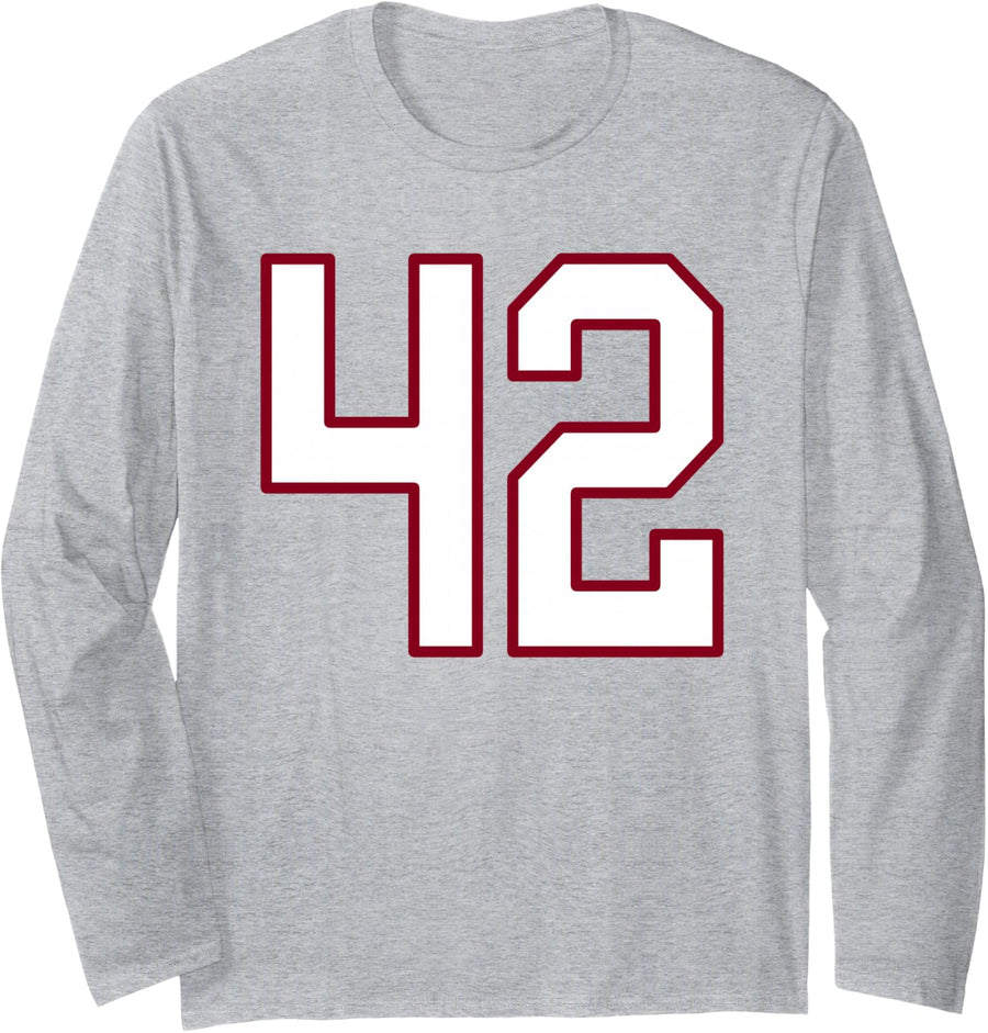 Maroon and White Number 42 Jersey Player Uniform #42 Long Sleeve T-Shirt - Adult Unisex Heather Grey
