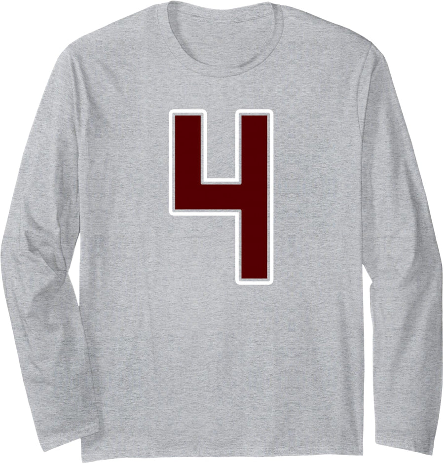 Maroon and White Number 4 Jersey Player Uniform #4 Fan Long Sleeve T-Shirt - Adult Unisex Heather Grey