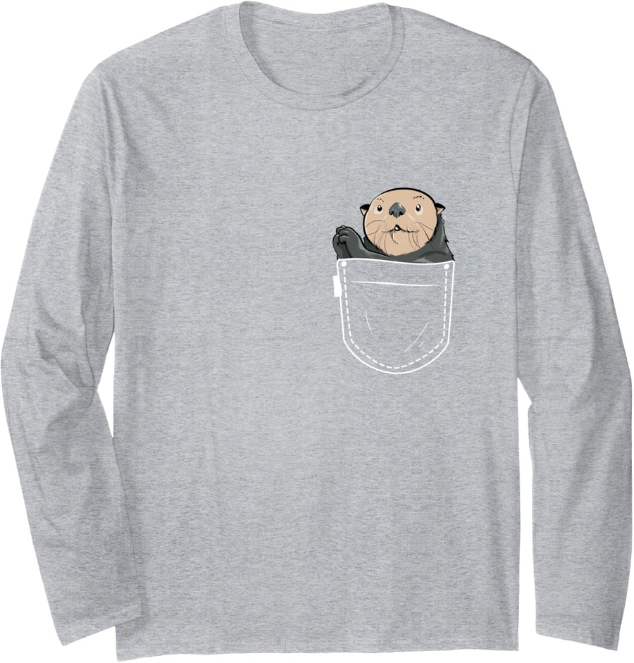 Sea Otter Funny Pocket Animal Otter Lover Birthday Gift Long Sleeve T-Shirt - Adult Unisex Heather Grey