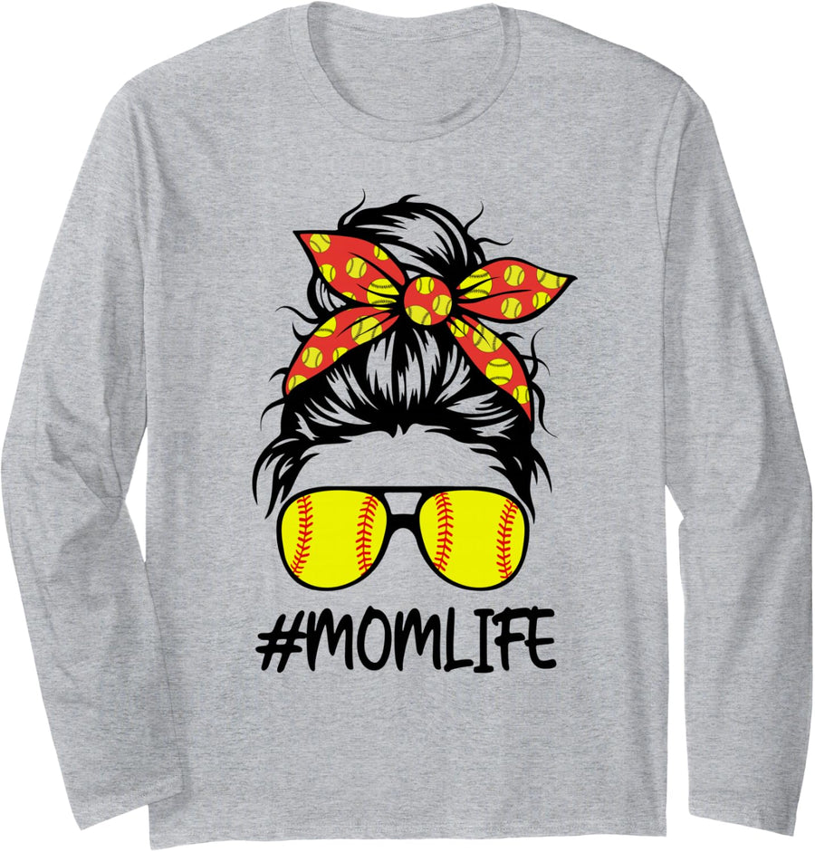 Softball Mom Life Women Mothers Day Messy Bun Long Sleeve T-Shirt - Adult Unisex Heather Grey