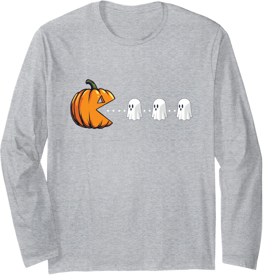 Pumpkin Eating Ghosts - Spooky Witch Halloween Ghoul Long Sleeve T-Shirt - Adult Unisex Heather Grey