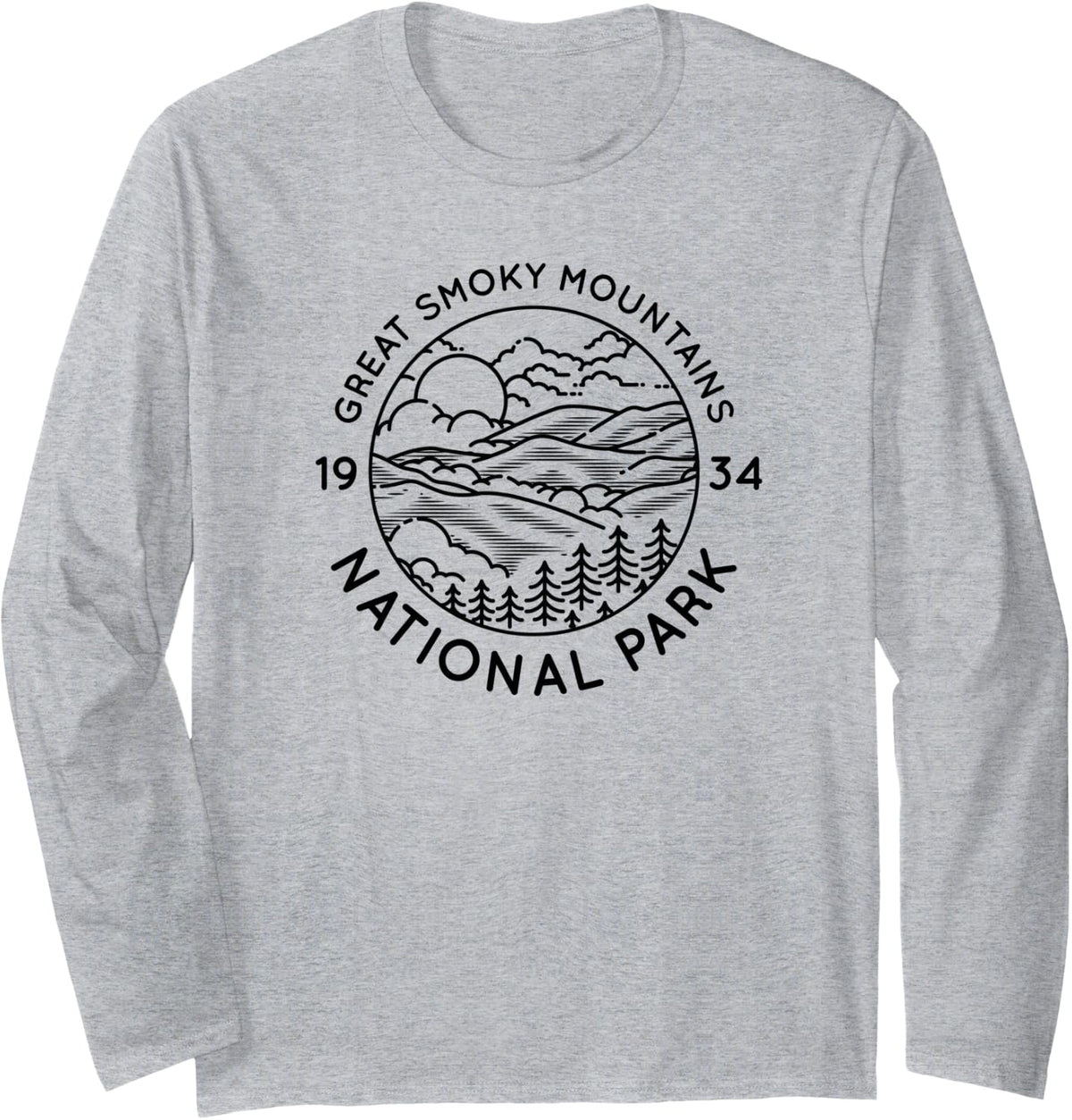 Great Smoky Mountains National Park Cool Black Line Art Long Sleeve T-Shirt - Adult Unisex Heather Grey
